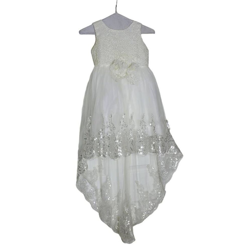 Flower Girl White Hi Lo Silver Sequined Flower Waist Long Train Wedding Dress